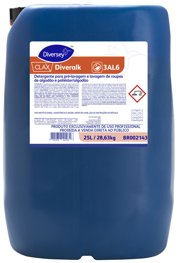 CLAX DIVERALK 25L - DETERGENTE PARA PRÉ-LAVAGEM E LAVAGEM DE ROUPAS DE ALGODÃO E POLIÉSTER/ALGODÃO